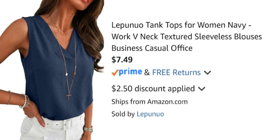 woman wearing blue tank top next to Amazon pricing information