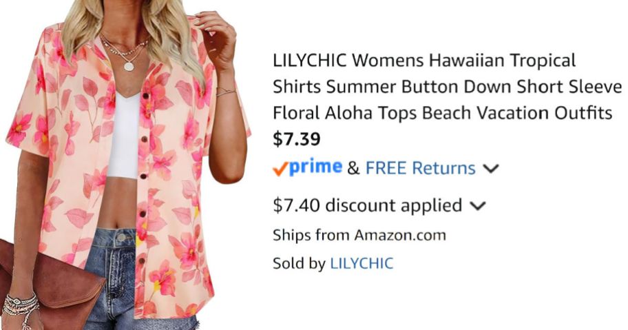 woman wearing tropical shirt next to Amazon pricing information