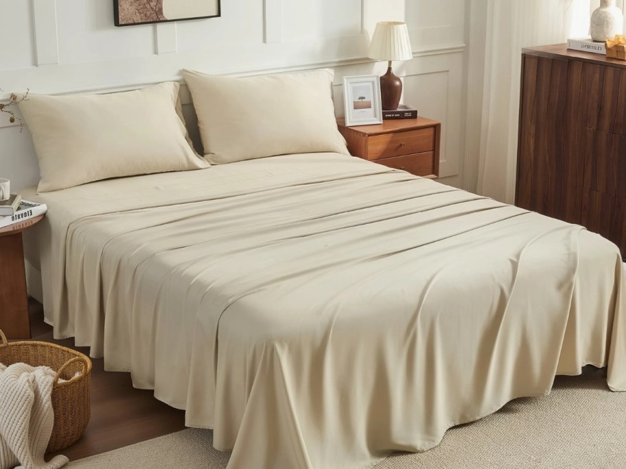 a four piece bamboo sheet set in beige