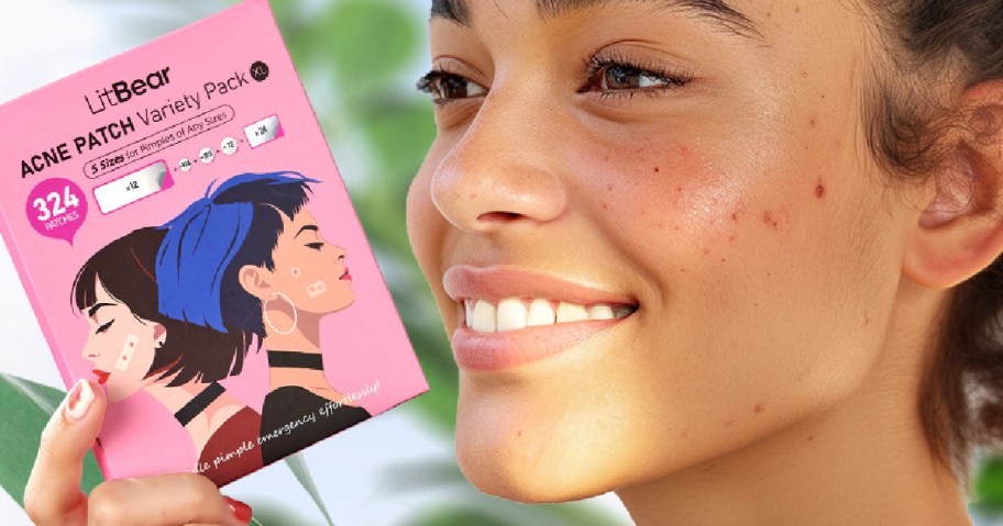 Close-up of a smiling woman with acne, holding a pink box of LitBear Acne Patch Variety Pack.