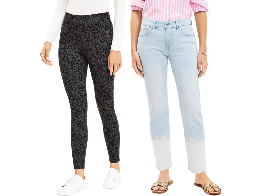 Two individuals stand side by side, showcasing different pants. The left person wears black leopard-print leggings with white sneakers. The right person wears light blue jeans with white hem details and sandals.