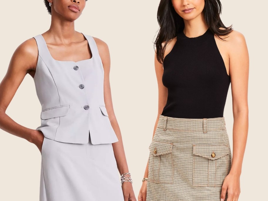 woman in a vest and a woman in a ribbed halter sweater