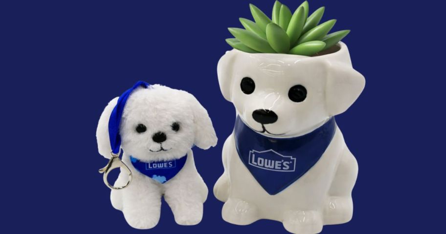 Puppy Planter & Plushie Keychain against blue background