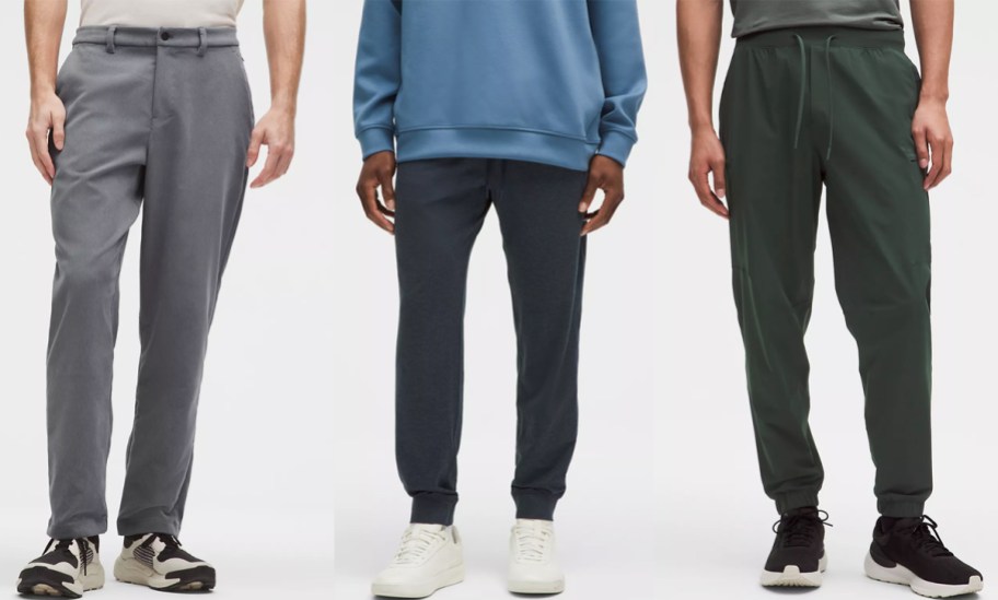 men in grey, navy, and green sweatpants