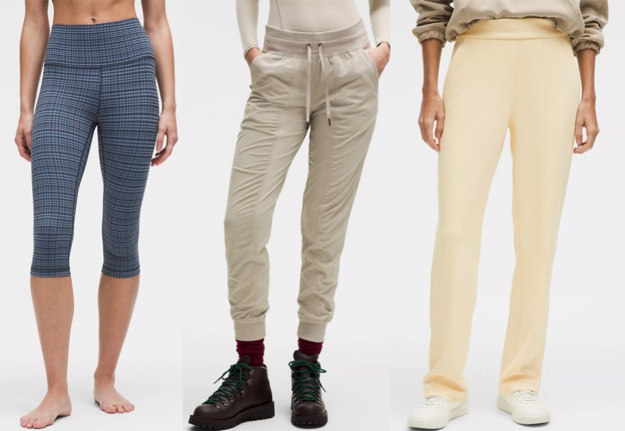 three women modeling capris and joggers