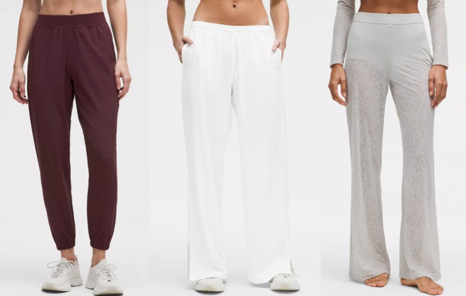 three women modeling joggers and pants
