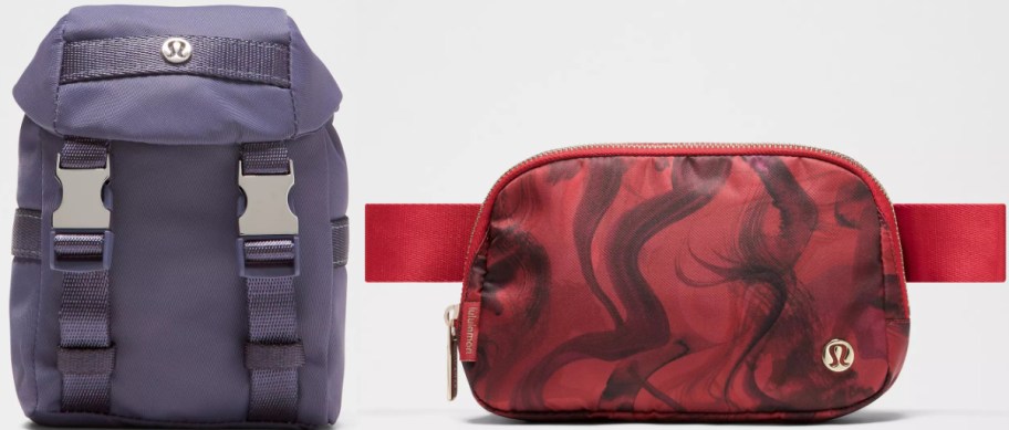 Purple mini backpack and red patterned waist bag with a swirl design, displayed side by side. Both feature buckle details and brand logos.