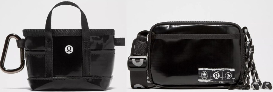 Black patent mini tote with a carabiner attachment and a sleek crossbody bag with adjustable strap, both featuring a glossy finish and logo accents.