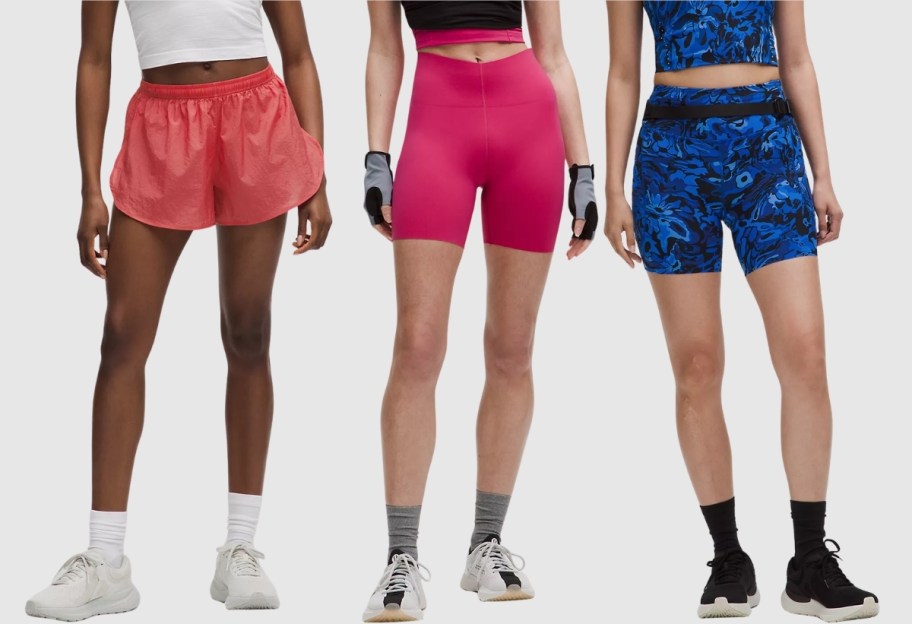  women wearing 3 different styles of athletic shorts