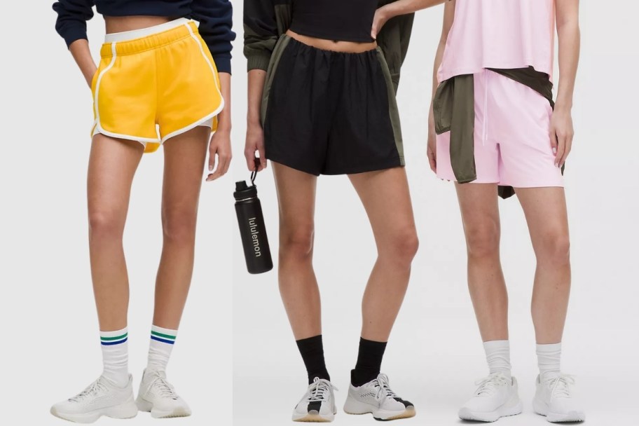  women wearing 3 different styles of athletic shorts