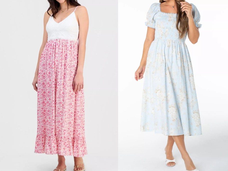 two women wearing floral dresses