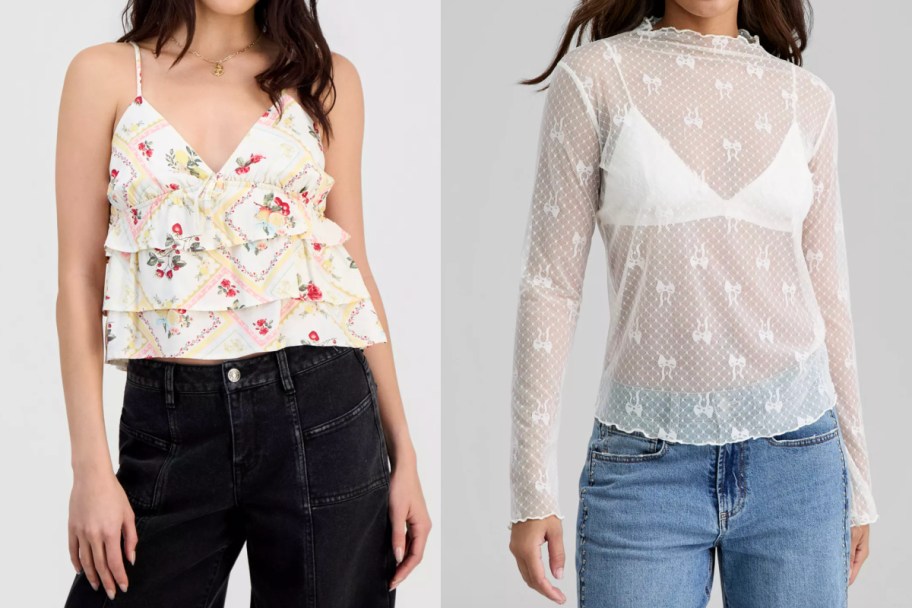 women in ruffle floral tank and white lace long sleeve