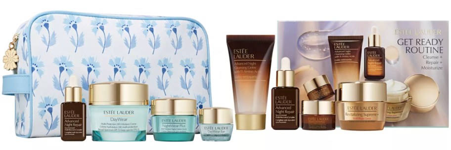 blue floral bag next to makeup gift set