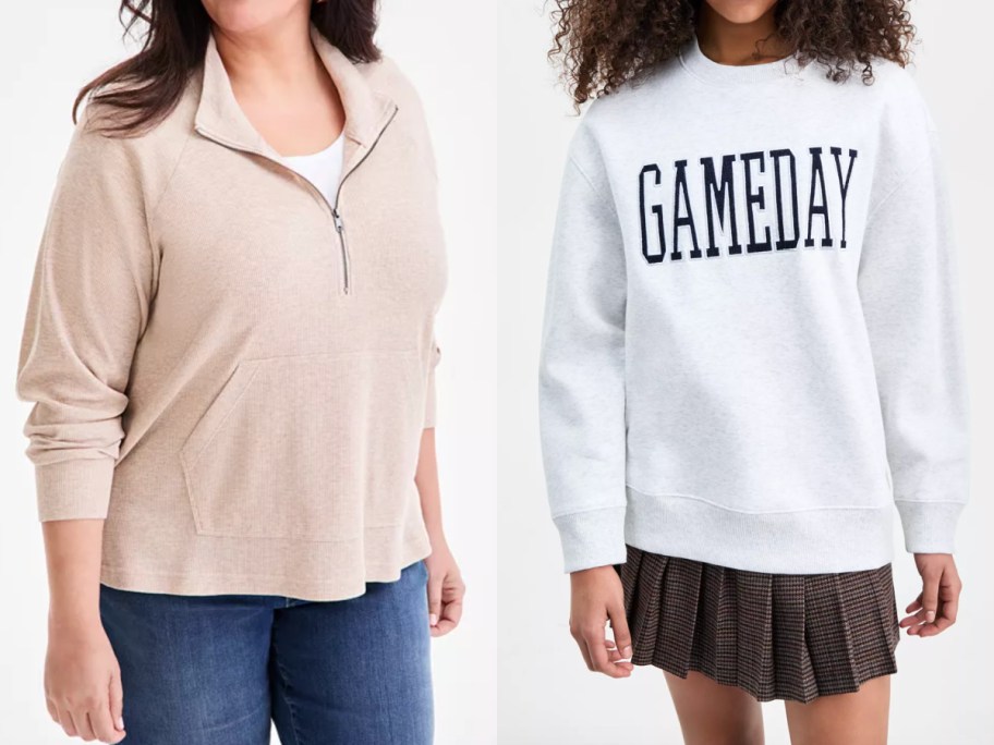 women in tan quarter zip top and gameday crewneck