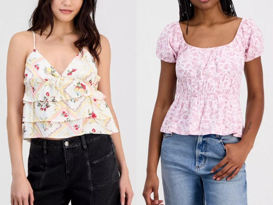 two women wearing floral tops
