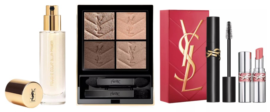 primer spray, black eyeshadow palette, and red gift box