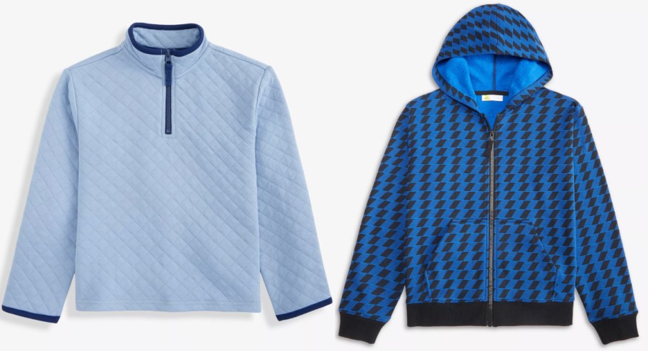 light blue quilted jacket and checkered blue jacket