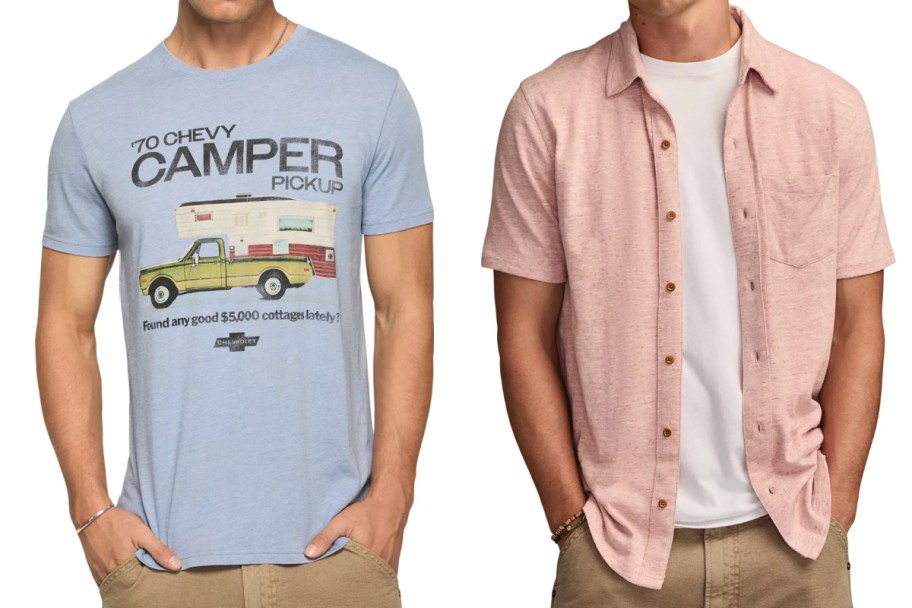 man in camper tee and peach open button down