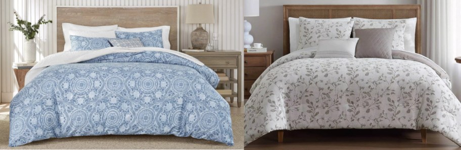 Two bedrooms show different bedding styles. The left displays a blue and white patterned comforter, while the right features a floral motif with gray and white tones. Both rooms have neutral-toned walls and bedside tables.