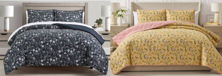 Two beds are shown side by side. The left bed has a dark floral comforter with a white and navy stripe. The right bed features a yellow floral quilt with a pink accent.