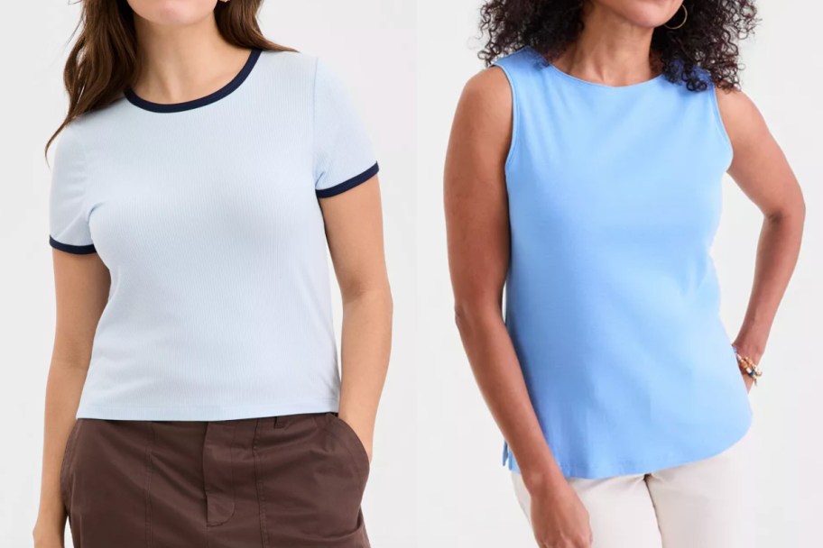 women in light blue ringer tee and boatneck top