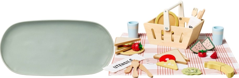 a blue serving plate and a kid picnic basket playset