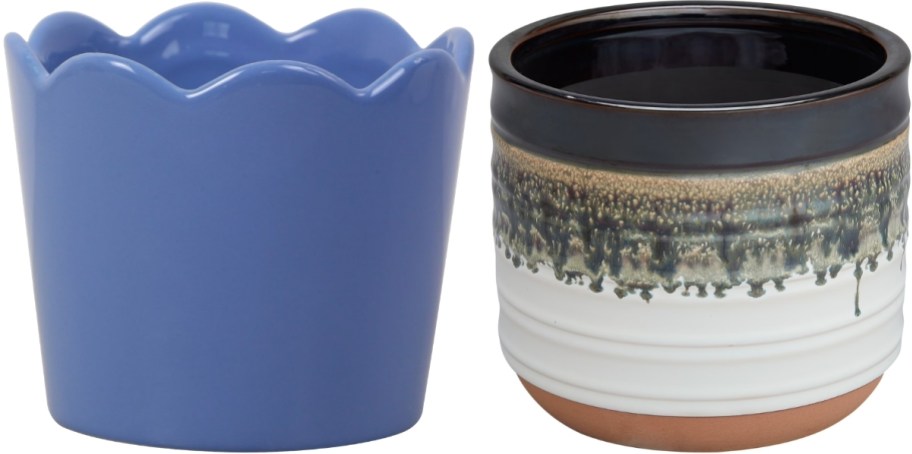 blue scalloped planter and distressed glazed round planter
