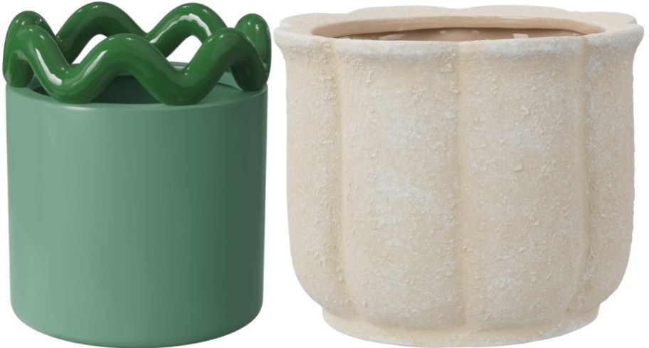 round green plnater and a fluted round planter