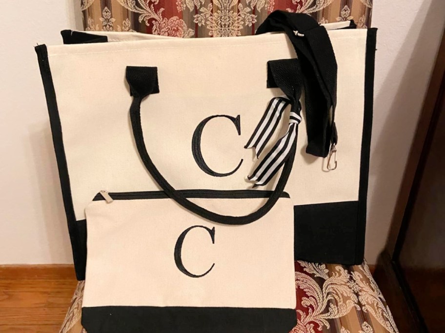 initial tote and matching cosmetic bag