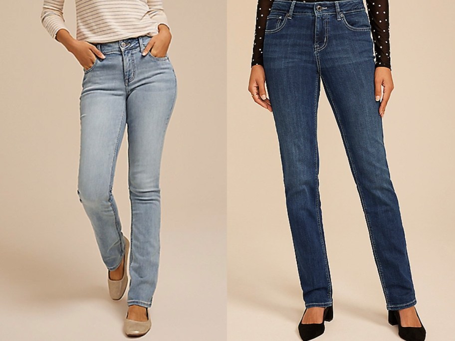 women wearing blue jeans