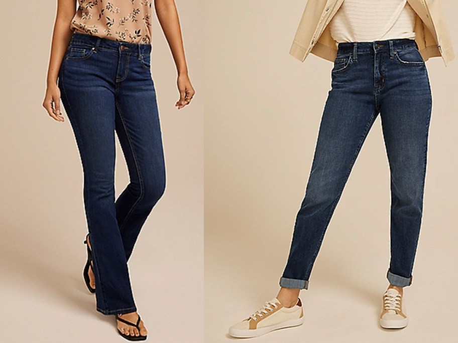 two women wearing blue jeans