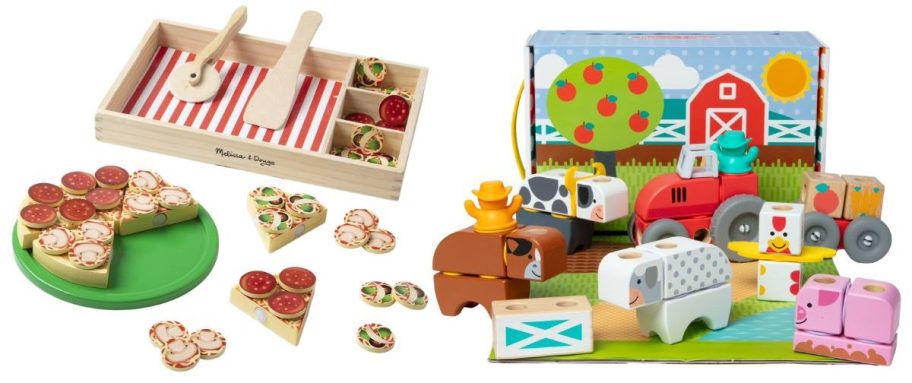 Melissa & Doug Wooden Pizza Party Play Food Set and Melissa & Doug Blockables Farm Snap & Play