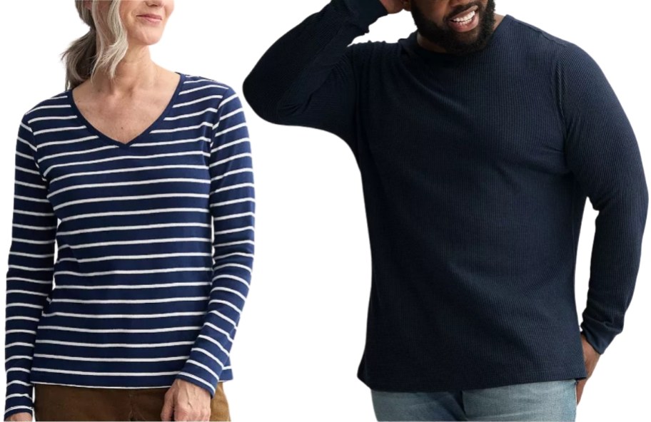 womain a long sleeve striped vnct tee and man in a long sleeved ribbed knit tee