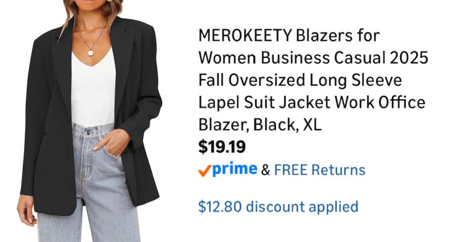 woman wearing black blazer next to Amazon pricing information
