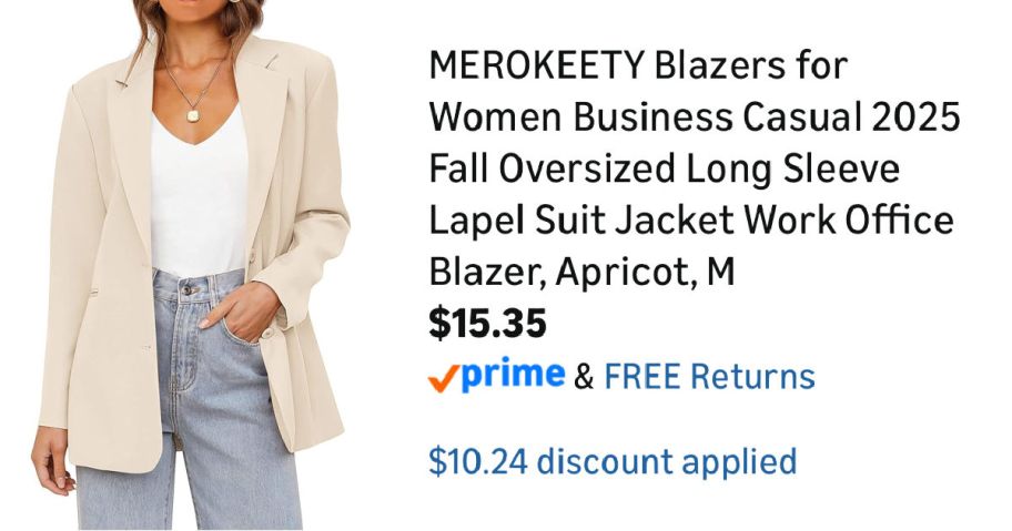woman wearing tan blazer next to Amazon pricing information