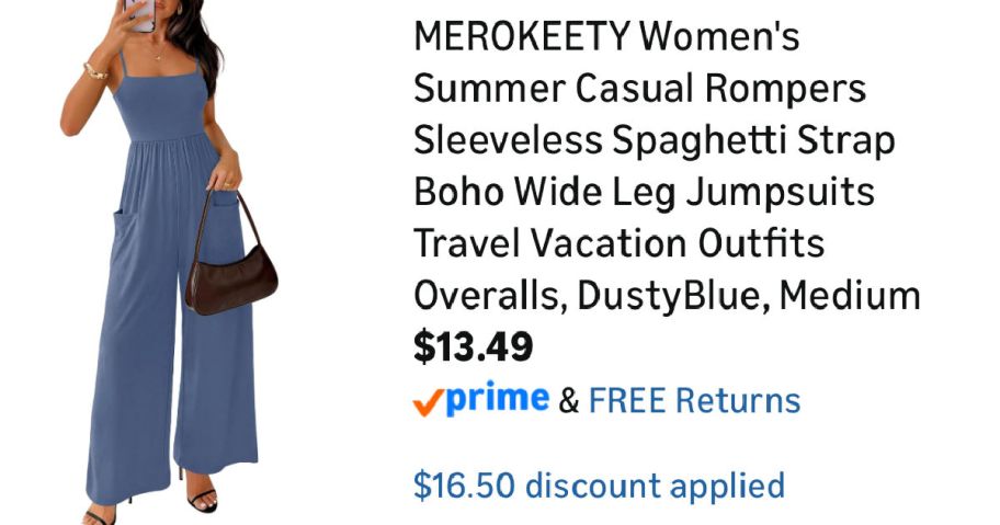 woman wearing blue jumpsuit next to Amazon pricing information