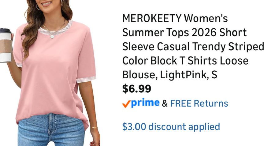 woman wearing pink shirt next to Amazon pricing information