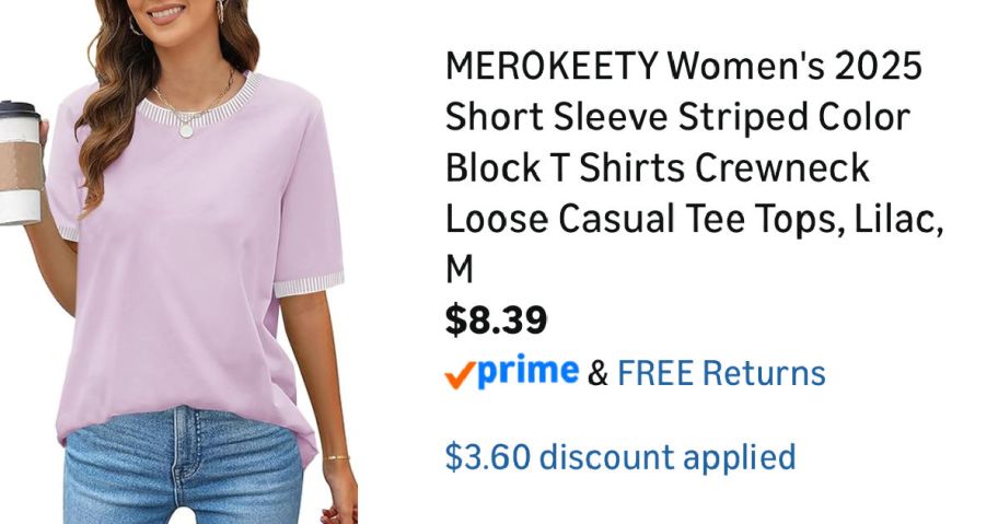 woman wearing purple shirt next to Amazon pricing information