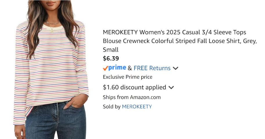 woman wearing striped shirt next to Amazon pricing information