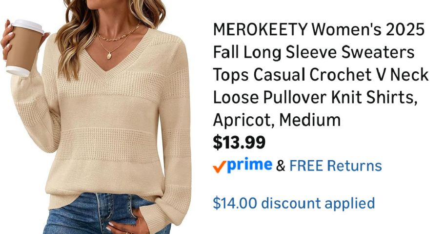 woman wearing tan sweater next to Amazon pricing information