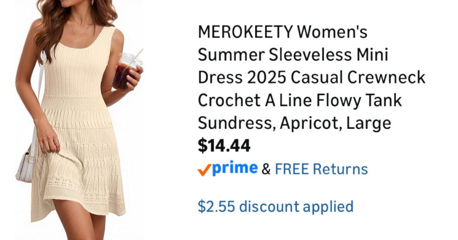 woman wearing beige tank dress next to Amazon pricing information