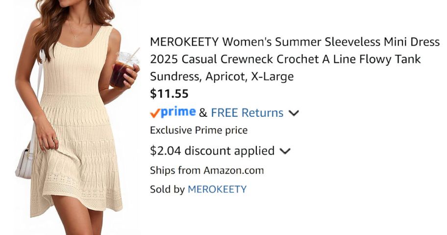 woman wearing beige dress next to Amazon pricing information