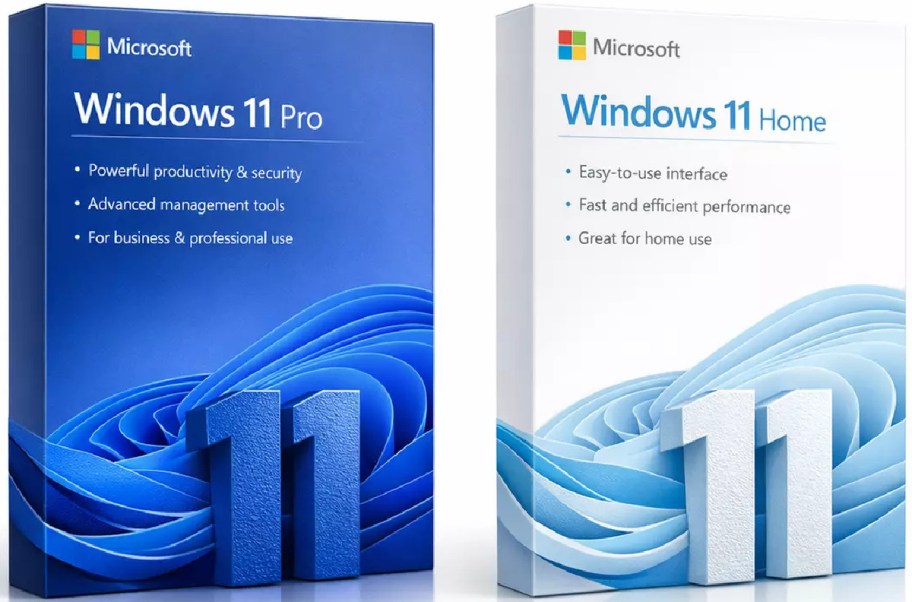Two boxes of Windows 11: Pro in dark blue with business features listed, and Home in white with ease of use and performance features, both showing abstract wave designs.