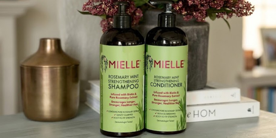 mielle shampoo and conditioner bottles on counter