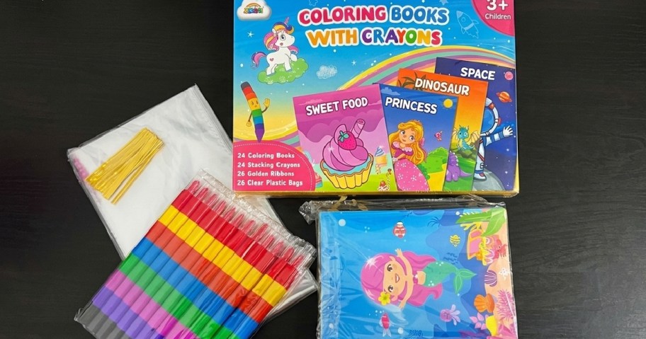 box with mini coloring books and crayons