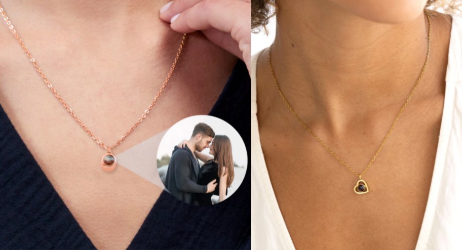 two photo necklaces one round one heart shaped