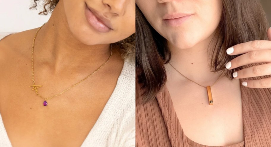 two women in name necklace and pillar bar necklace with photo