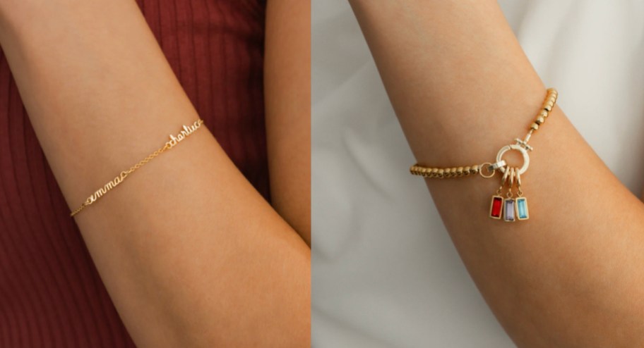 arms with name bracelet and gold beaded birthstone charm bracelet