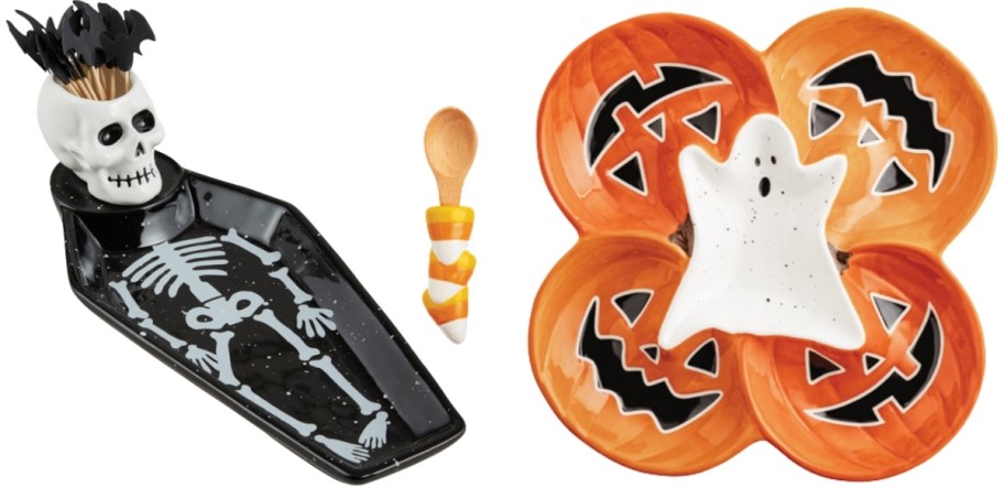 skeleton tooth pick aholder and tray and jack o lantern ghost serving tray
