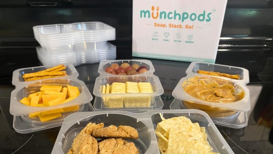 munchpods 10-pack on a countertop with 4 containers filled with snacks